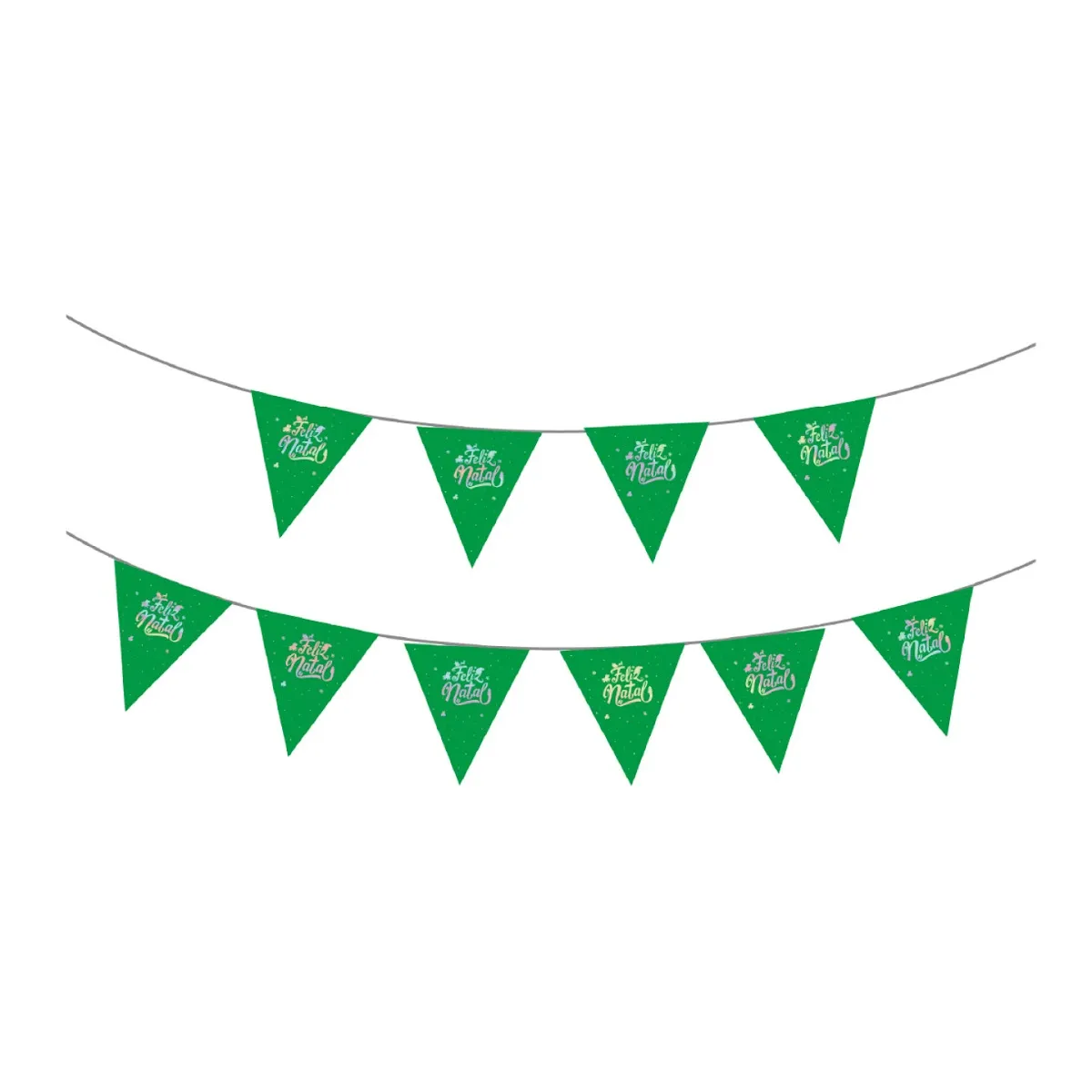 Grinalda de Natal em Português Decoração com bandeiras triangulares verdes em cartão com efeito de prata a laser. Conjunto de 10 unidades
