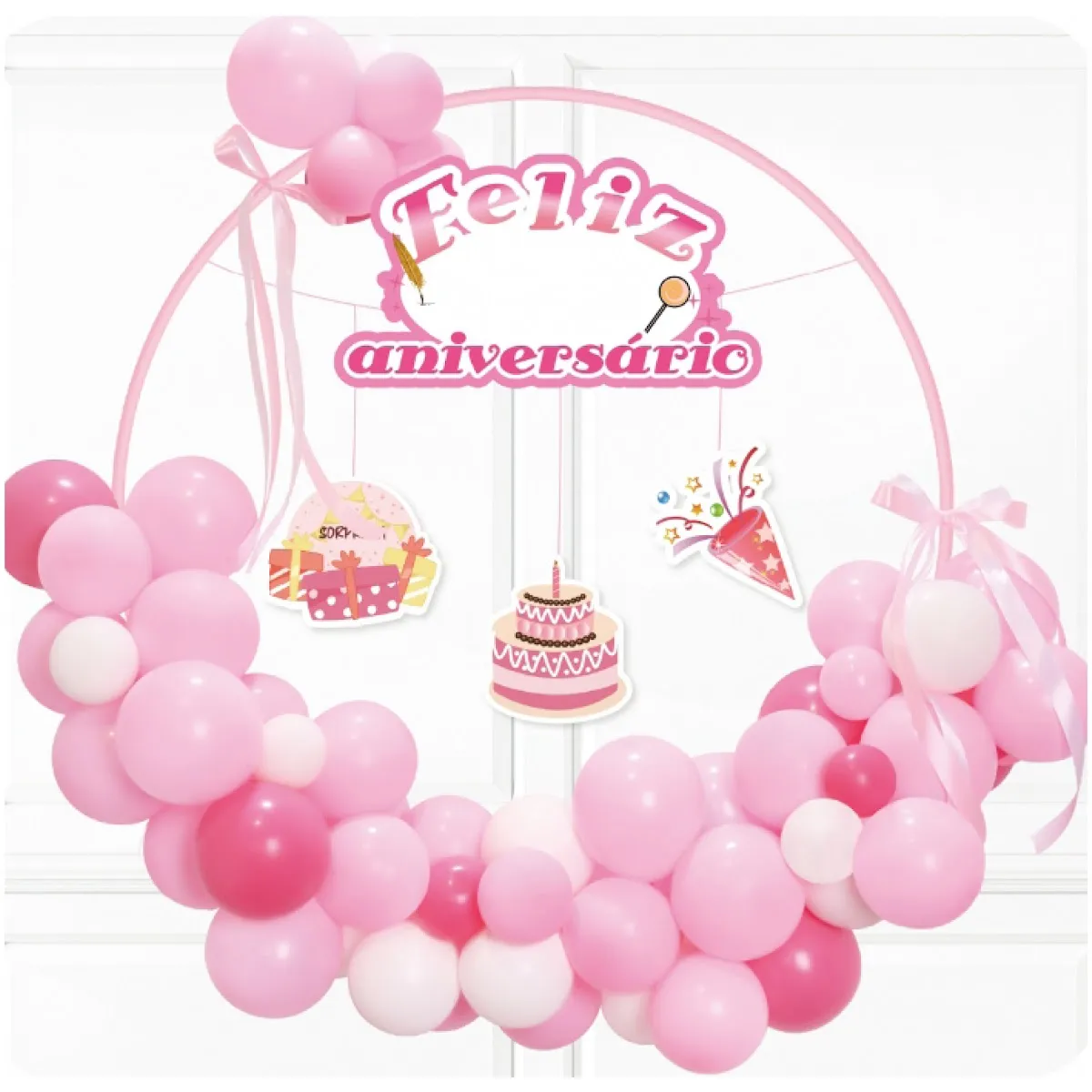 64pcs Kit de Balões de Aniversário Rosa Branco Transforme qualquer festa com nosso Kit de Balões de Aniversário Rosa Branco - contendo 64 balões de alta qualidade para todas as celebrações.