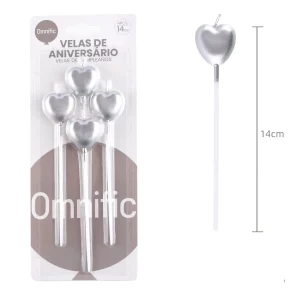Este pacote contém 4 velas de aniversário em formato de coração dourado