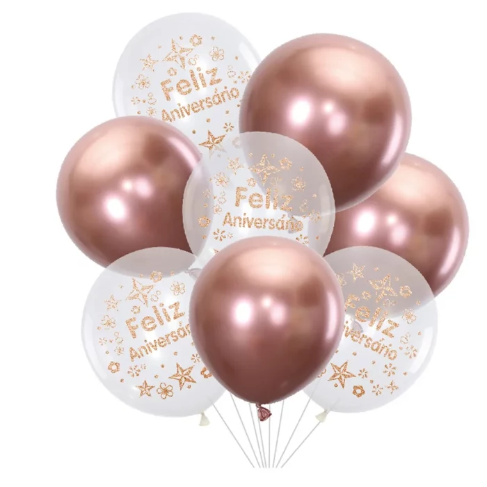 Este kit inclui 8 balões premium em um lustroso tom de rosa ouro para glamorizar qualquer celebração.Os balões Rosa Ouro trazem um toque sofisticado para decoração de aniversários ou outras festas. Kit luxuoso de 8 balões Rosa Ouro