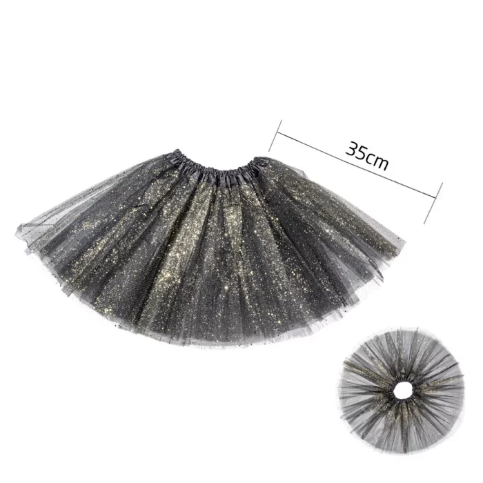 Saia Tutu com 3 Camadas: Esta saia de tutu para festas é feita de três camadas de tecido macio para realçar o efeito fofa e criar um visual encantador. 2. Design com Brilho Ouro: Enfeitada com purpurina dourada
