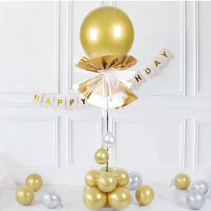 Ideal para celebrações de aniversário;Pacote inclui um kit com balões dourados;Cria uma vistosa coluna de balões de 1.8m;Destaque a sua festa com um toque espectacular de dourado.