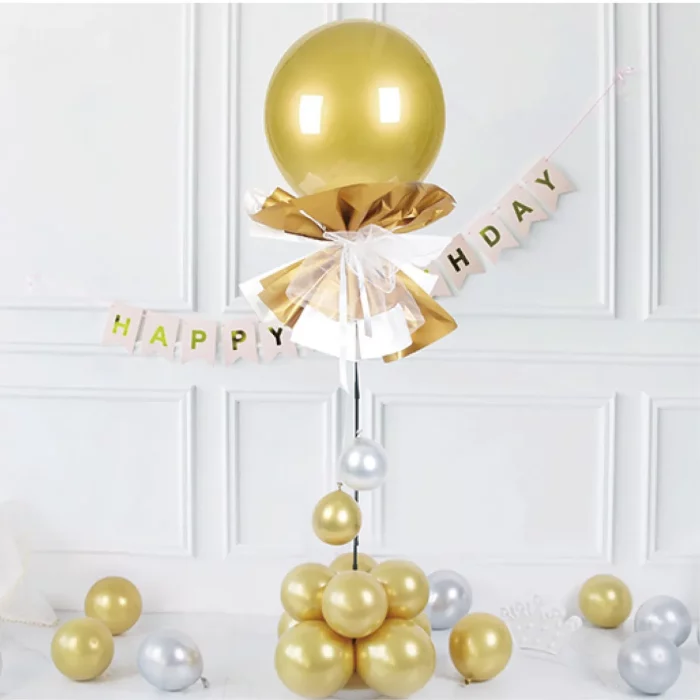 Ideal para celebrações de aniversário;Pacote inclui um kit com balões dourados;Cria uma vistosa coluna de balões de 1.8m;Destaque a sua festa com um toque espectacular de dourado.