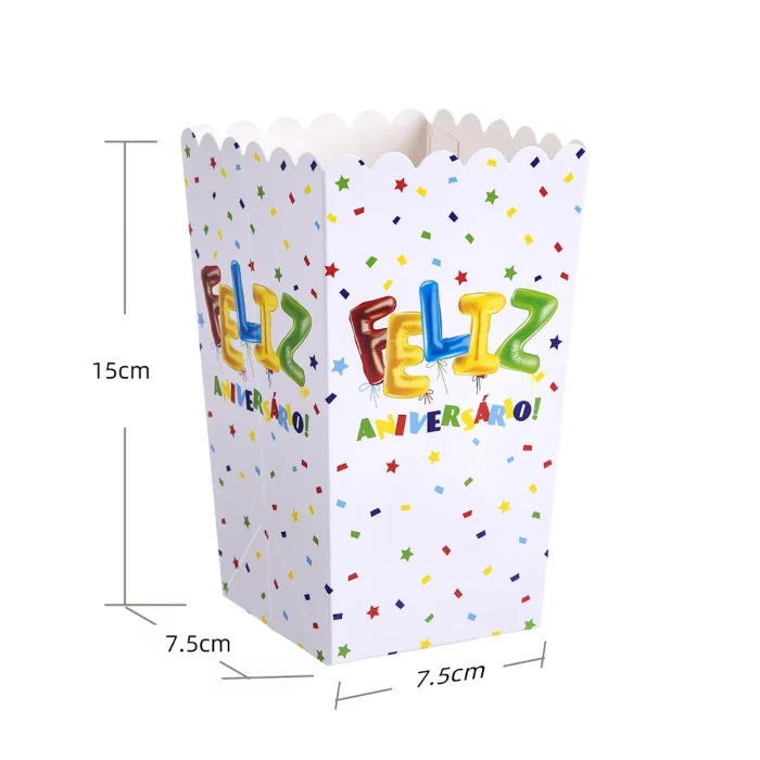 Jogo de 6 caixas de pipocas coloridas em alumínio.Perfeito para festas de aniversário e celebrações.Dimensões grandes de 15.0cm x 7.5cm para porções generosas.Um toque festivo e vibrante para qualquer evento. Caixas de pipocas festivas e coloridas em grande tamanho. Perfeito para aniversários e celebrações.