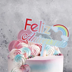 Topo de bolo de aniversário exclusivamente projetado com padrão 'Feliz Aniversário'.Feito de alta qualidade