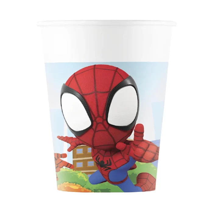 Desfrute de suas bebidas favoritas com estilo com este conjunto de 8 copos de papel temáticos do Spider-Man e seus incríveis amigos de 200ml.