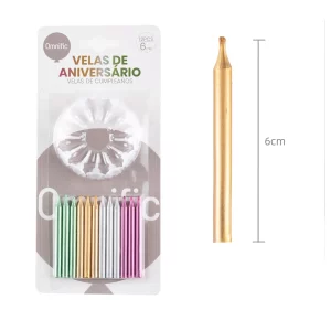 Conjunto luxuoso de velas de aniversário douradas brilhantes em uma embalagem de 12 unidades.Cada vela é cuidadosamente trabalhada para emitir um brilho metálico para adicionar um toque de sofisticação ao seu bolo de aniversário.Velas de alta qualidade