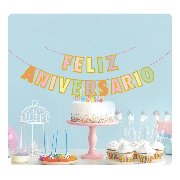 Grinalda de aniversário alegremente colorida 2. Destaque para a palavra 'Feliz Aniversário'