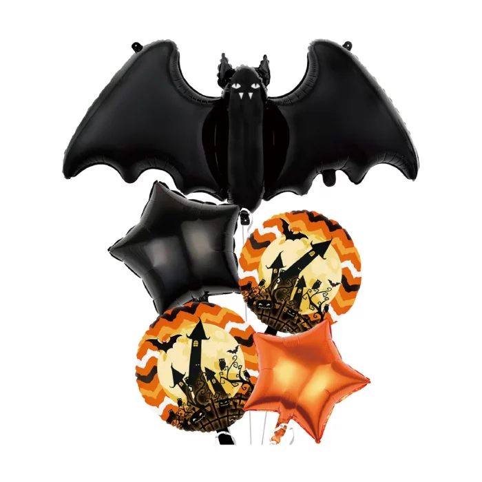 Este pacote contém cinco peças de balões de alumínio temáticos de Halloween com forma de morcego