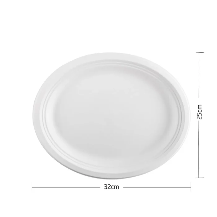 Pacote inclui: 12 pratos ecológicos brancos de grande tamanho que medem 32 cm x 25 cm. Perfeitos para todas as festas e eventos.Material: Estes pratos são feitos de cana de açúcar