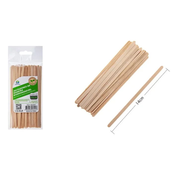 Contém 100 agitadores de madeira biodegradáveis