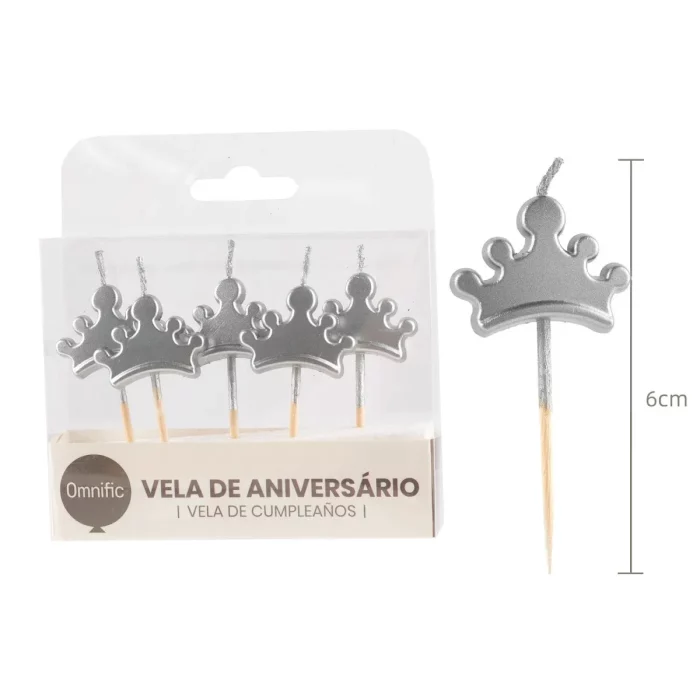 - 5 unidades de vela de coroa prateada em cada pack