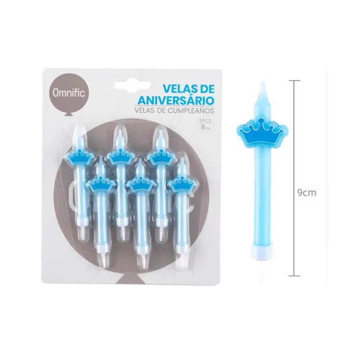 Velas de aniversário de design de coroa: Dê um toque de realeza às suas festas com nossa vela de coroa em azul vibrante. 2. Pacote Econômico: O pacote contém 6 velas