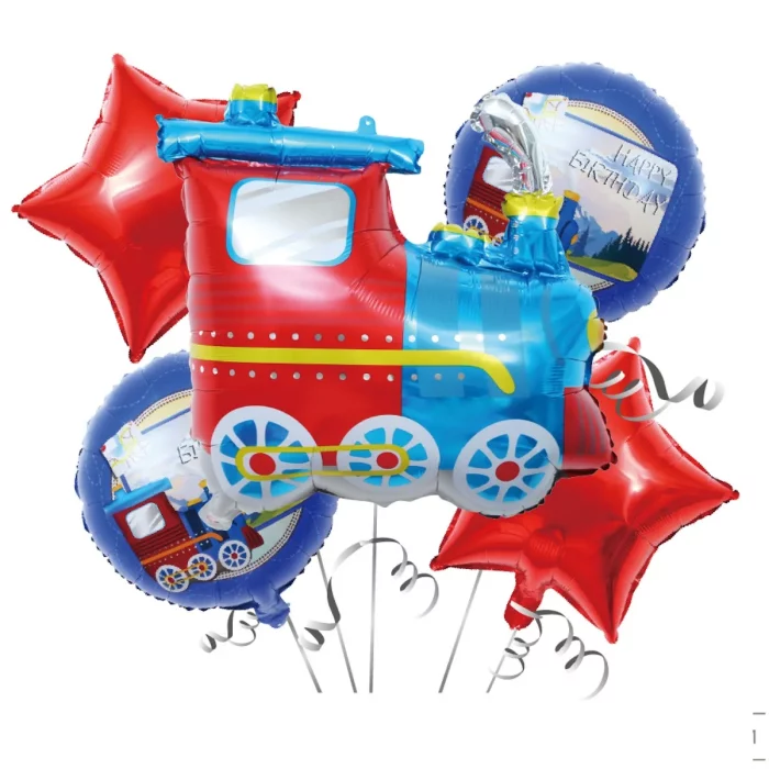 Este kit inclui 5 balões em forma de trem