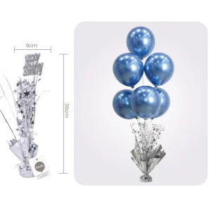 Decoração de mesa prateada ideal para aniversários ou outras comemorações.Inclui um peso para balões