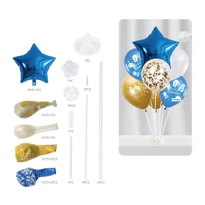Kit de balões de aniversário de 7 peças;Com suportes e balões de 18 polegadas;Na cor deslumbrante azul;Balões com a palavra 'Feliz Aniversário' impressa;Perfeito para comemorações e decorações de aniversários. Kit de 7 balões azuis de 18 polegadas com suportes