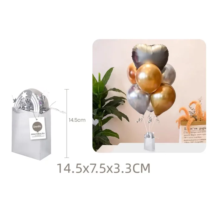 Esta caixa peso para balão prateado é um complemento perfeito para qualquer decoração de festa. Ideal para festas de aniversário