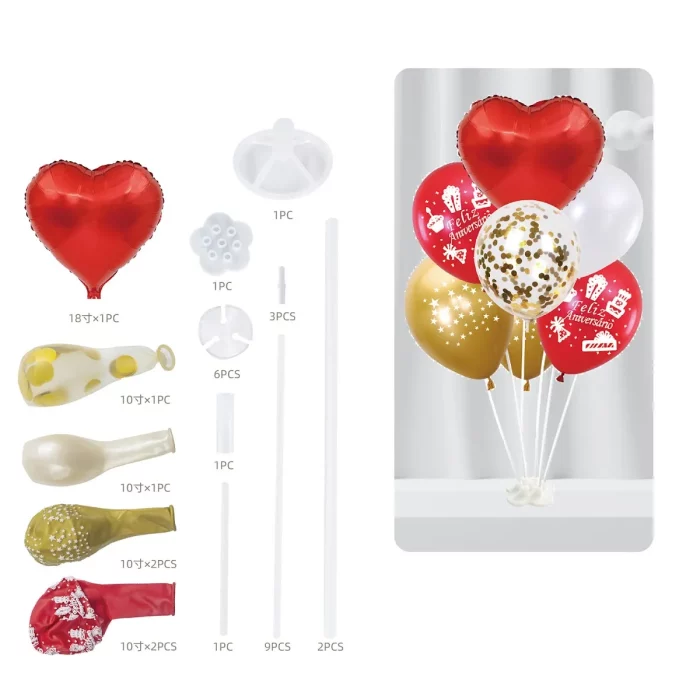 Kit comemorativo de aniversário com 7 balões vermelhos e dourados de 18 polegadas.Os balões têm um padrão impresso de 'Feliz Aniversário'.O kit inclui suportes para fácil exibição e flutuação dos balões.Ideal para todas as idades e perfeito para adicionar um toque de brilho às festividades. Kit de balões de aniversário com 7 balões de 18 polegadas em cores vibrantes de vermelho e dourado. Perfeito para celebrar em grande estilo.