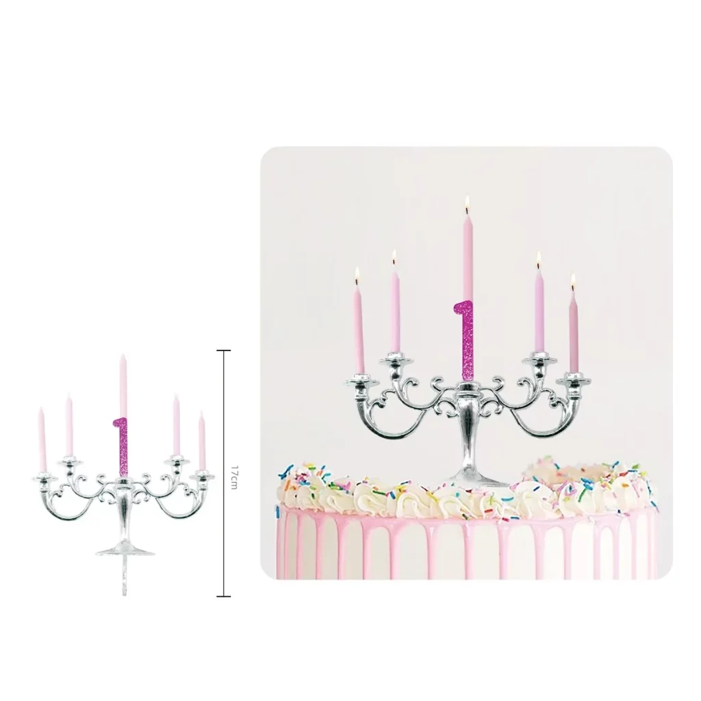 Vela de aniversário rosa de acrílico com detalhes em prata