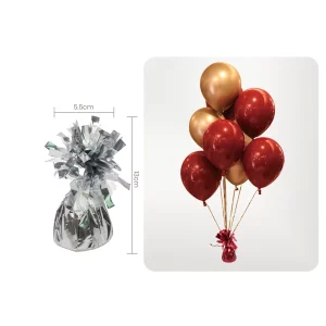 Este peso para balão prateado aproveita cada festa com seu design exclusivo e brilhante.Disponível em pacote único