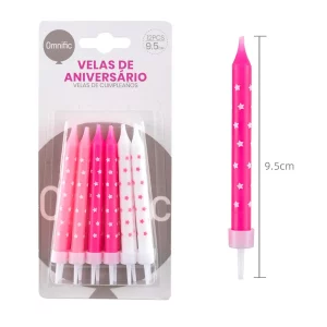 Pacote contém 12 velas de aniversário rosa em forma de estrela