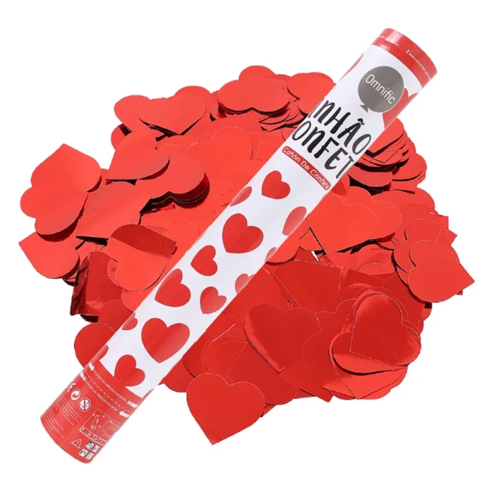 Adicione um toque de amor e diversão à sua festa com o Canhão de Confetes Coração Vermelho de 40cm. Este canhão irá lançar um belo chuveiro de confetes em forma de corações vermelhos