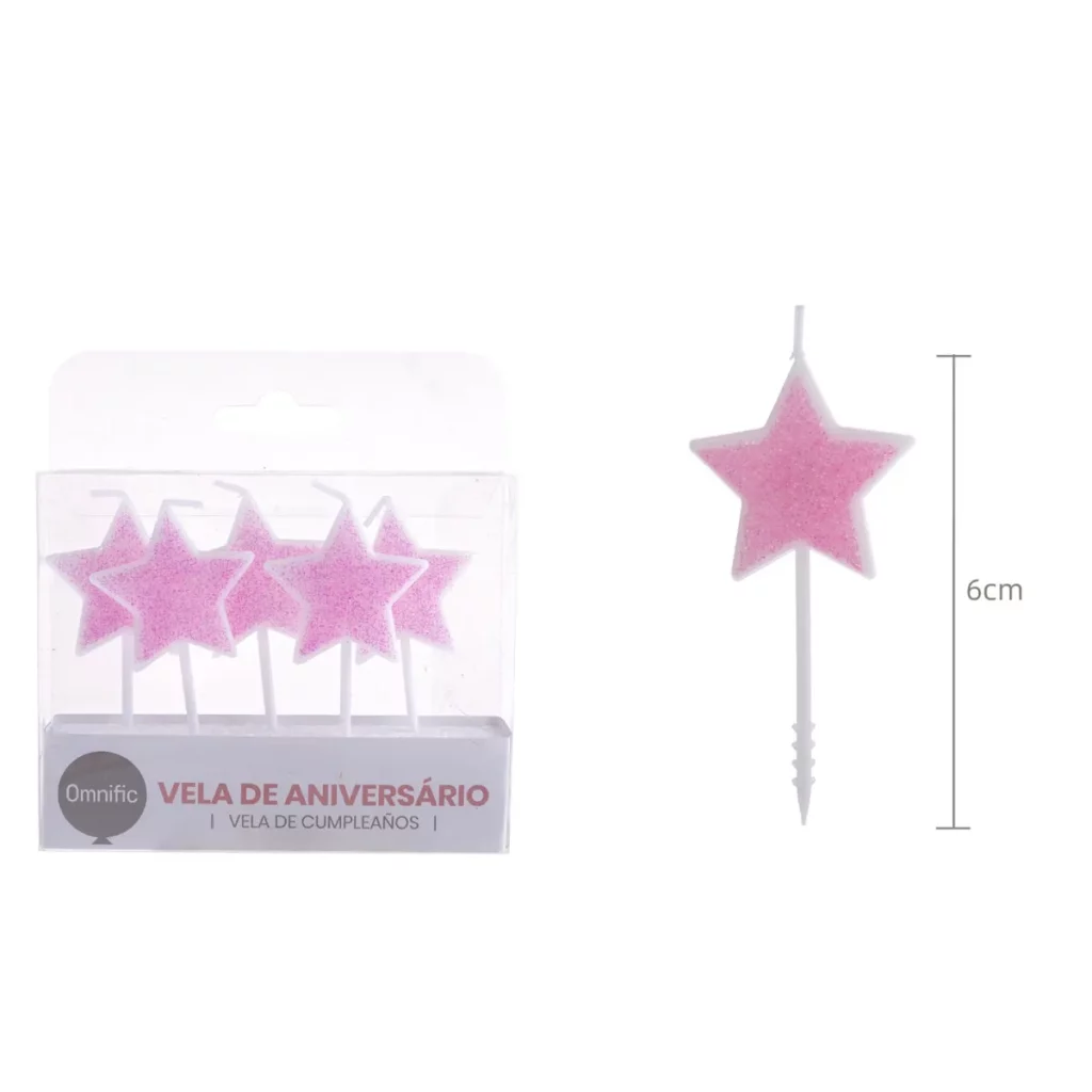 Nosso pacote contém 5 velas de aniversário rosa com estrelas douradas