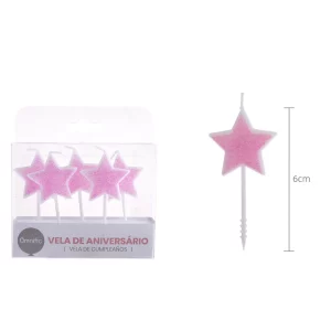 Nosso pacote contém 5 velas de aniversário rosa com estrelas douradas