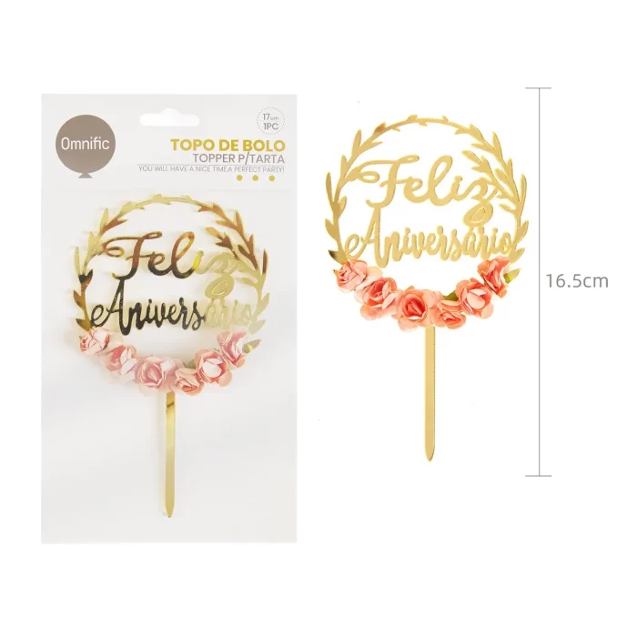 Topo de bolo floral acrílico dourado de alta qualidade