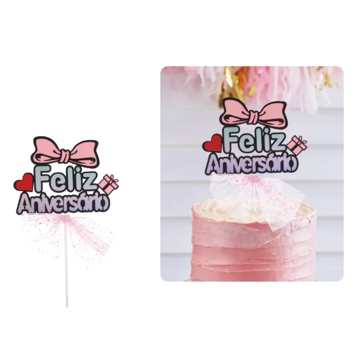 Topo de bolo personalizado com a frase FELIZ ANIVERSARIO