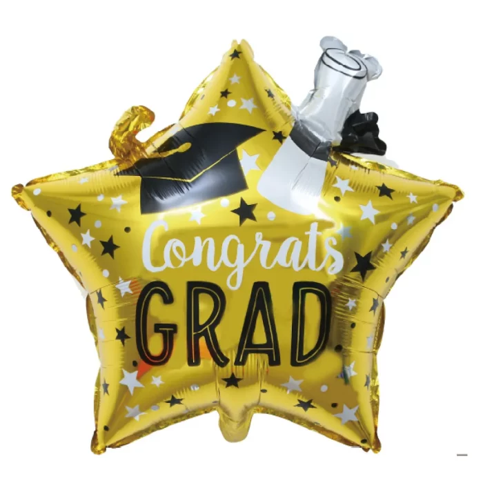 Excelente para comemorações de formatura;Formato de estrela único e atraente;Tamanho grande de 61*67cm;Feito de material Mylar durável e de alta qualidade Perfeito para tornar as festas de formatura inesquecíveis com o nosso balão de formatura estrela brilhante em Mylar!