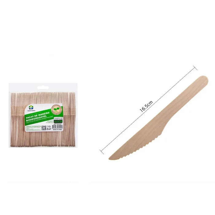 Este conjunto contém 100 facas de madeira biodegradáveis de alta qualidade