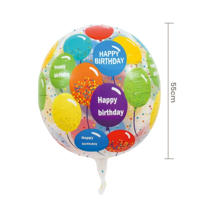 Balão Mylar 4D de alta qualidade com 55cm de diâmetro;Perfeito para qualquer comemoração de aniversário;Design transparente único proporciona uma decoração elegante;Fácil de inflar e usar repetidamente devido ao material durável Um balão mylar transparente 4D de 55cm para tornar qualquer aniversário extra especial. É durável