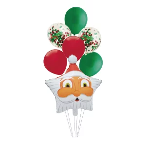 Divirta-se na festa de Natal com este kit de 7 balões metalizados em formato de cabeça do Papai Noel.
