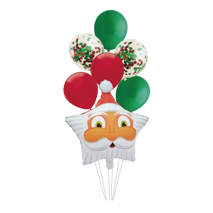 Divirta-se na festa de Natal com este kit de 7 balões metalizados em formato de cabeça do Papai Noel.