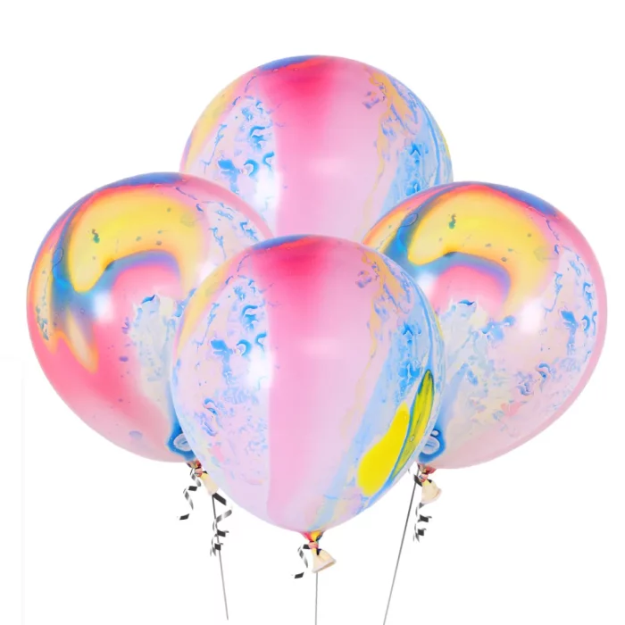 Esta embalagem contém 4pcs de balões coloridos perfeitos para criar um ambiente festivo em sua comemoração de aniversário.Feitos para durar