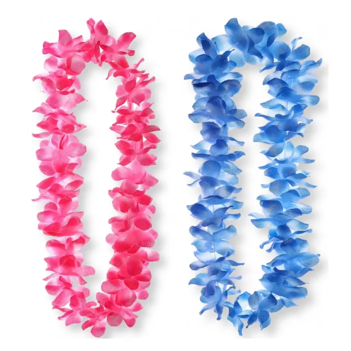 Este colar havaiano apresenta uma combinação elegante de flores em tons de rosa e azul profundo.