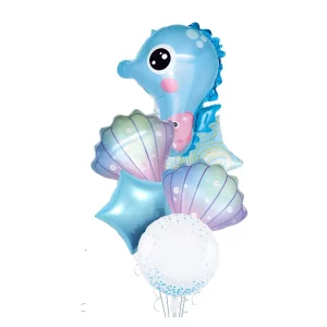 Kit de aniversário perfeito com tema marinho composto por 6 balões Mylar azul em forma de cavalo marinho.Os balões possuem um belo padrão de cavalo marinho dando um toque exclusivo para sua celebração.A cor azul vibrante é perfeita para qualquer decoração de festa ou ocasião comemorativa.Este kit É fácil de inflar e montar