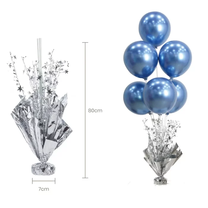 Este suporte para balões em prata oferece uma elegante decoração para qualquer evento festivo.O pacote contém um suporte para balões que pode ser facilmente montado e usado para exibir balões na mesa. Elegante suporte prateado para balões