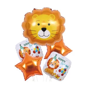Este conjunto inclui 5 balões de mylar em forma de cabeça de leão