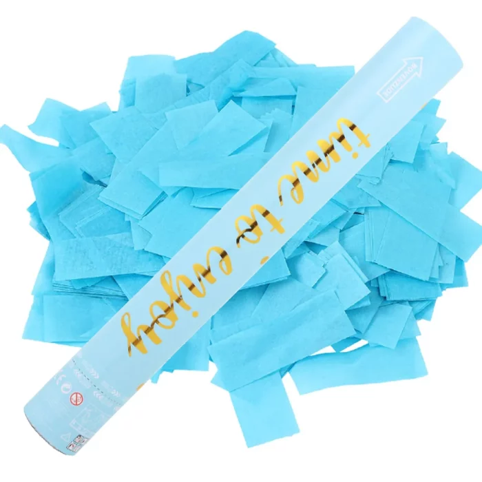 Surpreenda com o nosso canhão de confetes azul com efeito dourado de 40cm. Perfeito para festas