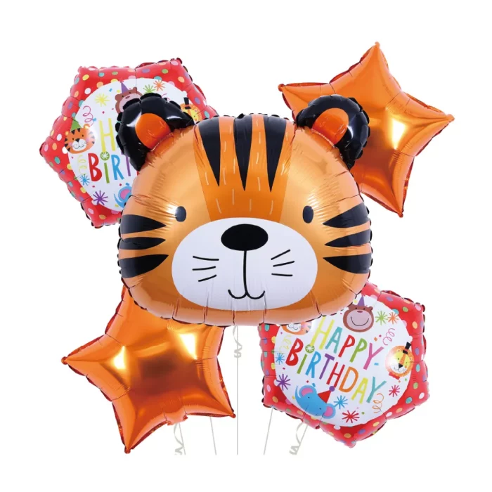 Este kit inclui 5 balões Mylar de alta qualidade em forma de cabeça de tigre.Perfeito para decorações de aniversário e outras celebrações. Balões Mylar com design de cabeça de tigre