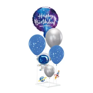 Divirta-se com este kit de balões temáticos de astronauta em um vibrante azul neon. Perfeito para decorar festas ou eventos espaciais. Inclui 6 balões e suportes.