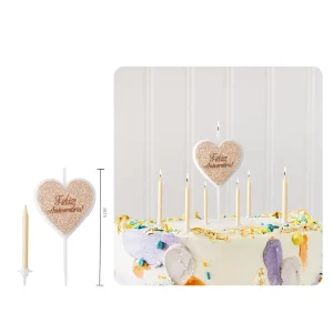 Vela de aniversário cor de rosa-salmão;Apresenta palavras 'Feliz Aniversário' estampadas;Vem em dourado