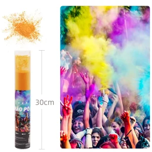 Canhão de Pó Holi perfeito para festividades e celebrações.Tamanho generoso de 30cm para um efeito espetacular.Laranja vibrante para uma diversão colorida e fotogênica. Perfeito para festas e celebrações