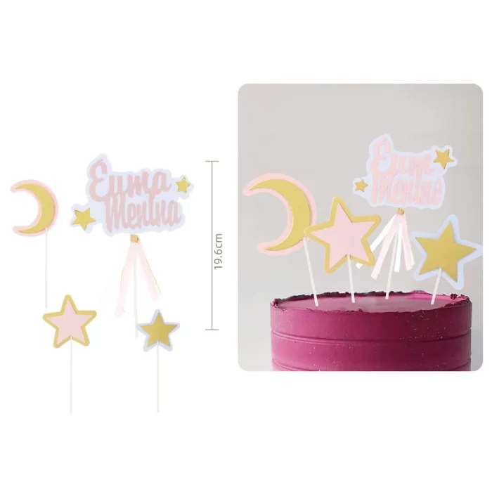 Decorado com estrelas e luas em rosa espelhado para um toque delicado.Ideal para ocasiões especiais como batizado e revelação de gênero.Contém 4 peças por pacote