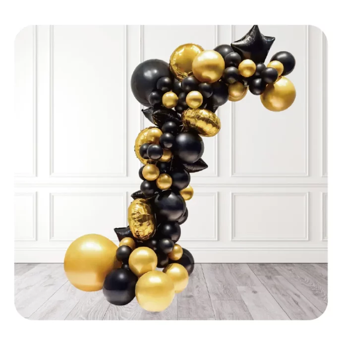 Este kit contém 64 balões dourados de alta qualidade que são perfeitos para qualquer tipo de comemoração de aniversário.O layout de cinco estrelas adiciona um toque elegante e festivo ao seu evento.A cor dourada brilhante é ideal para criar uma atmosfera de festa luxuosa e memorável. Guirlanda de balões dourados para aniversários