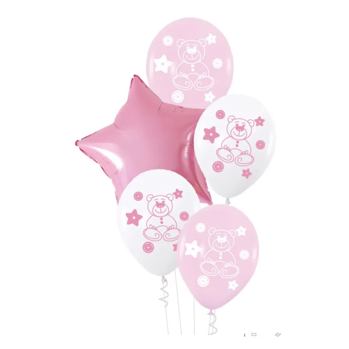 Este kit de balões inclui 12 balões cor de rosa com estampa de ursinho. Cada balão possui 3.2 gramas e é perfeito para festas e eventos especiais.