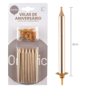 Pacote de 6 velas aniversário com revestimento dourado luxuoso.Tamanho ideal de 7.9cm perfeito para qualquer bolo de aniversário.Cor dourada vibrante que adiciona um toque festivo e elegante. Pacote de 6 velas de aniversário douradas luxuosas de 7.9cm. Perfeito para iluminar qualquer celebração!