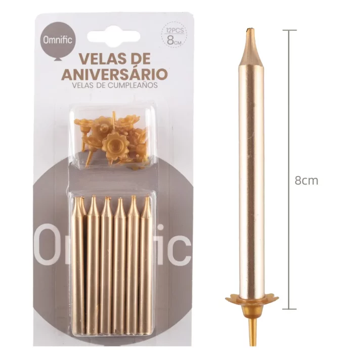 Pacote de 6 velas aniversário com revestimento dourado luxuoso.Tamanho ideal de 7.9cm perfeito para qualquer bolo de aniversário.Cor dourada vibrante que adiciona um toque festivo e elegante. Pacote de 6 velas de aniversário douradas luxuosas de 7.9cm. Perfeito para iluminar qualquer celebração!
